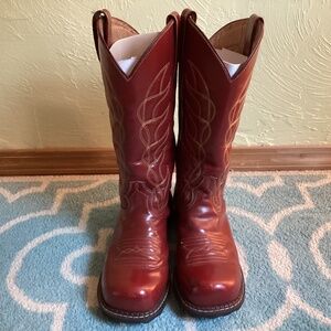 John Fluevog Red Leather F-Shoe High Cowboy Boots w/ Gold Stitching, Sz 10.5
